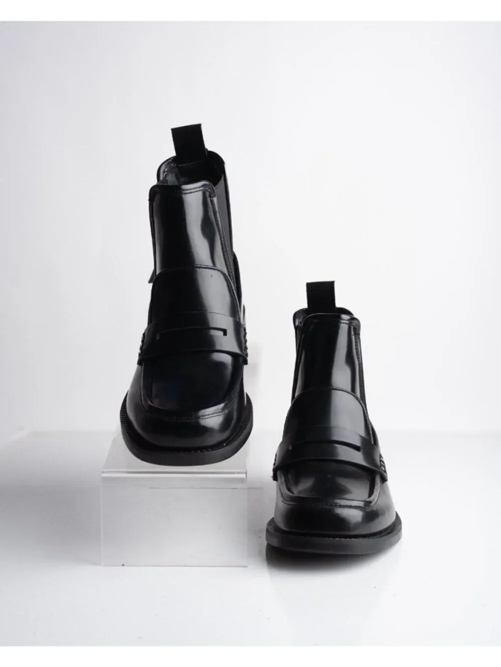 Zara Womens Leather Ankle Loafer Boots Black Glossy US 7.5 EU 38 NWT 1117/110